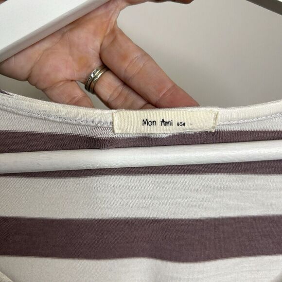 Mon Ami USA Brown and Cream Striped Button Shoulder Tunic Top L - Picture 10 of 10